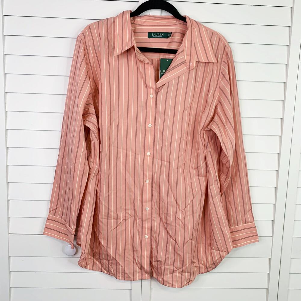 Lauren Ralph Lauren Dress Shirt Plus Sz 2x Pink Long Sleeve 100% Cotton Striped